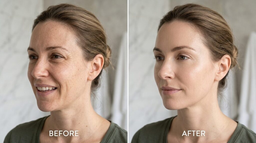 Before and after style split-screen photograph of a womans 