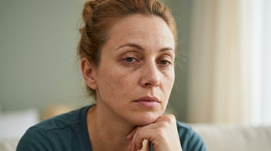 Close-up photorealistic portrait of tired female face showin