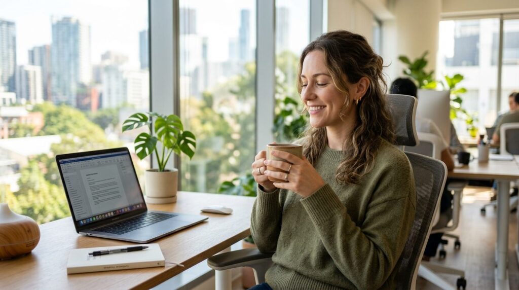 Photorealistic image of a woman at her desk during work day