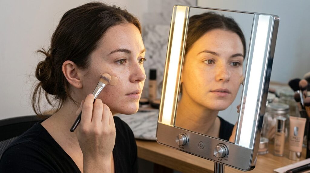 Close-up photorealistic image of a woman applying foundation