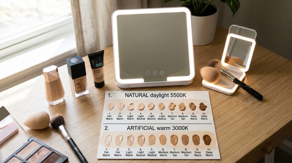 Photorealistic overhead flat-lay of an illuminated vanity mi