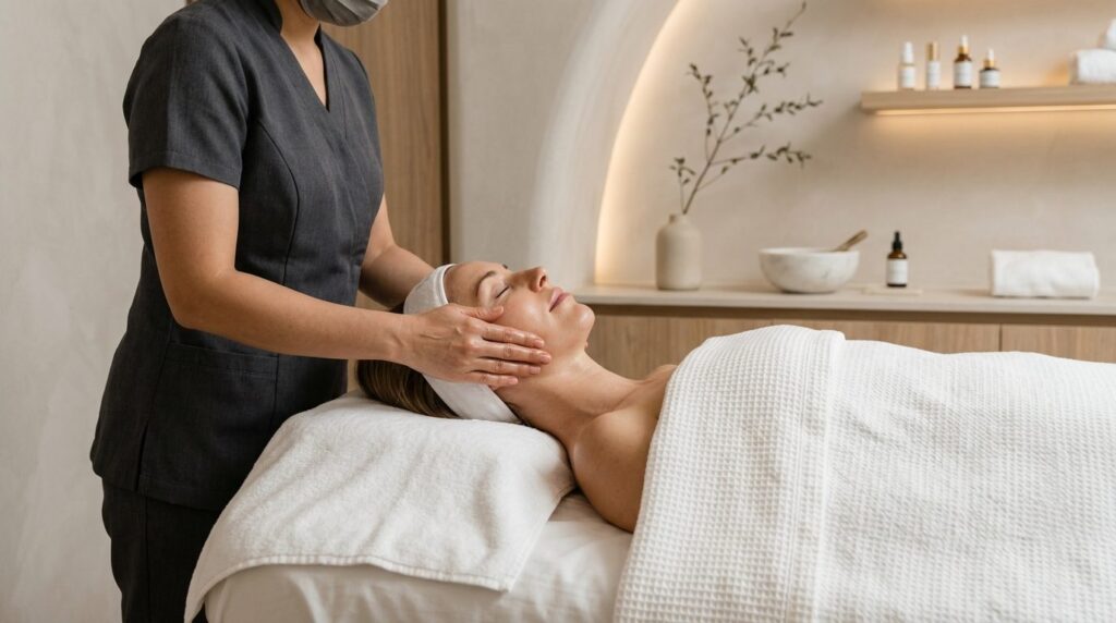 Woman receiving facial lifting massage treatment lying on co