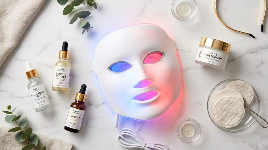 Flat lay overhead shot of LED face mask device displaying bl