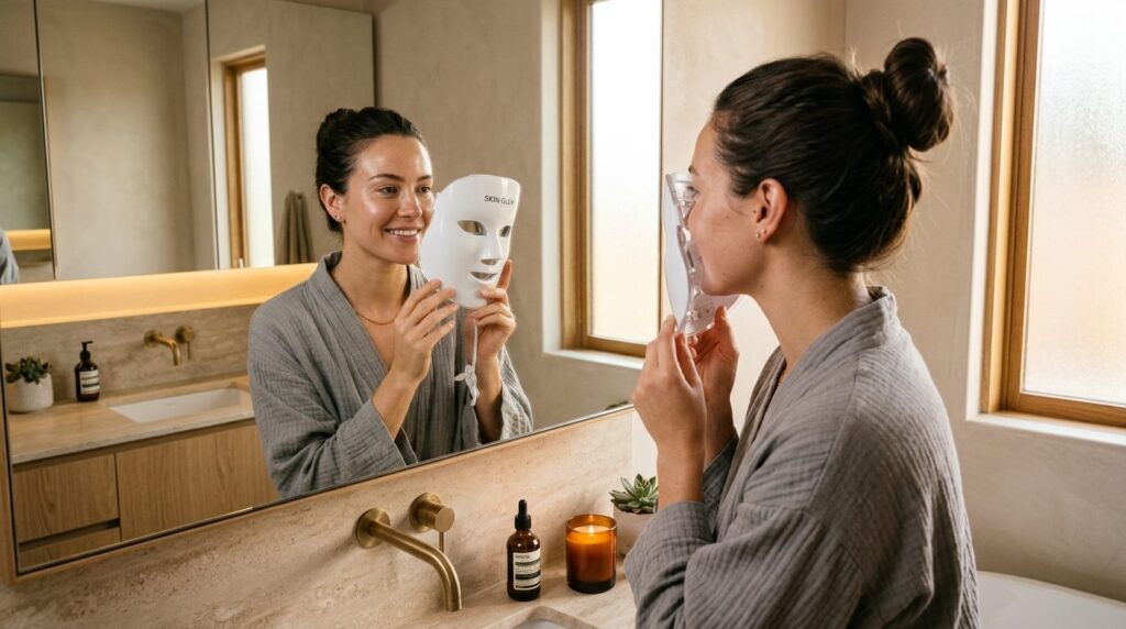 Woman in bathroom mirror reflection applying LED light mask,